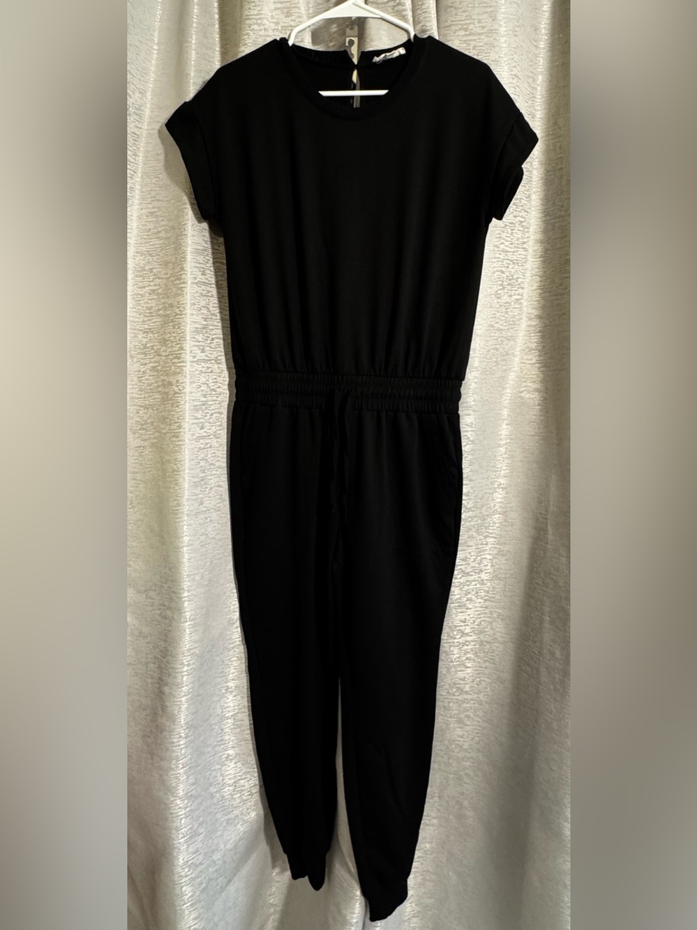 Black Short Sleeve Jumpsuit Elastic Waist Tapered Leg Minimalist